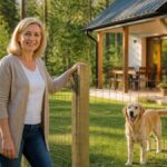 sicherer-gartenzaun-fur-hunde-im-ferienhaus-1792805504 - Ferienwohnungen Gutenbrunn Older woman leaning on a wooden fence smiling at the camera with a golden retriever in a grassy yard near a house patio.