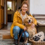 sicherheitsregeln-fur-hunde-in-ferienunterkunften-1792277534 - Ferienwohnungen Gutenbrunn Woman in a mustard jacket kneels beside a smiling golden retriever on a porch, holding the dog's leash in a cozy outdoor setting.