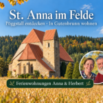 St. Anna im Felde – Ausflug ab Gutenbrunn - Ferienwohnungen Gutenbrunn KI-generierte Ansicht von St. Anna im Felde in Pöggstall mit herbstlicher Landschaft und Foto-Badge von Anna und Herbert.