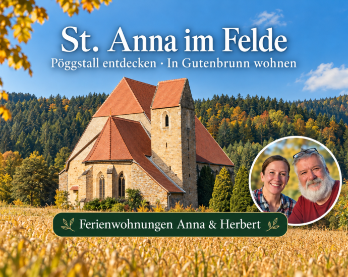 KI-generierte Ansicht von St. Anna im Felde in Pöggstall mit herbstlicher Landschaft und Foto-Badge von Anna und Herbert.