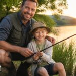 tipps-fur-den-ersten-angelausflug-mit-kindien-1791075191-1 - Ferienwohnungen Gutenbrunn Father and son fishing together by a calm lake at sunset, smiling at the camera.
