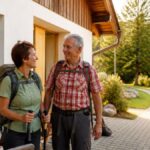 top-7-unterkunfte-fur-wanderer-im-waldviertel-1791348519 - Ferienwohnungen Gutenbrunn Two smiling seniors with backpacks stand on a porch, ready for a hike outdoors on a sunny day.