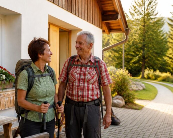 Two smiling seniors with backpacks are standing on a porch, ready to go for a hike outdoors on a sunny day.