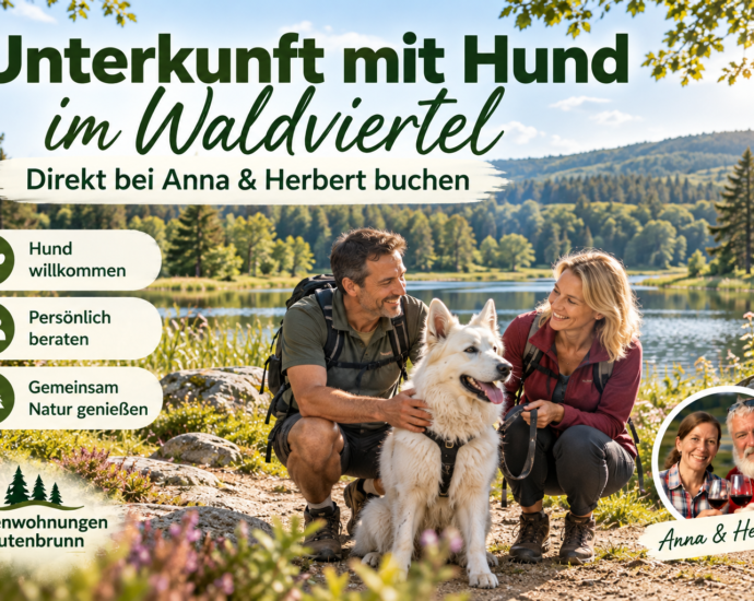 Kutyabarát szállás a Waldviertel régióban; egy kutyás pár a tó partján közvetlen foglalást hirdet Anna és Herbertnél