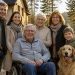 urlaub-mit-mehreren-generationen-im-waldviertel-planen-1791524048 - Ferienwohnungen Gutenbrunn A multi‑generational family poses outdoors with a golden retriever in front of a house and trees in autumn light.