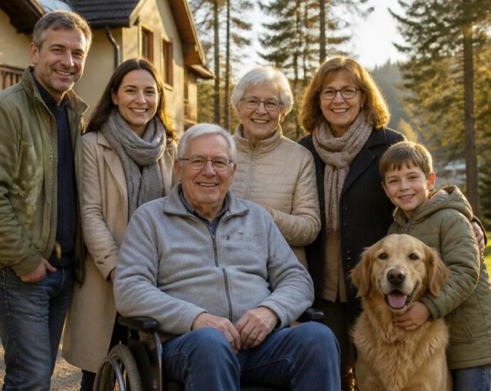 A multigenerational family poses outdoors with a golden retriever in front of a house and trees bathed in autumn light.