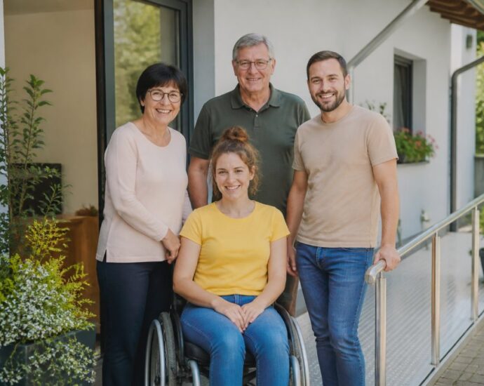 Usmívající se rodina před domem, v popředí žena na invalidním vozíku a za ní stojí tři dospělí.
