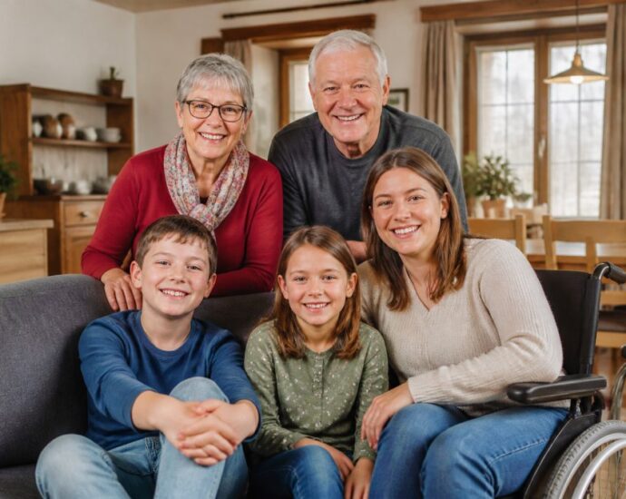 A smiling family of five in a bright living room: the grandparents are standing in the background, and the mother, in a wheelchair, is sitting on the sofa with her two children.
