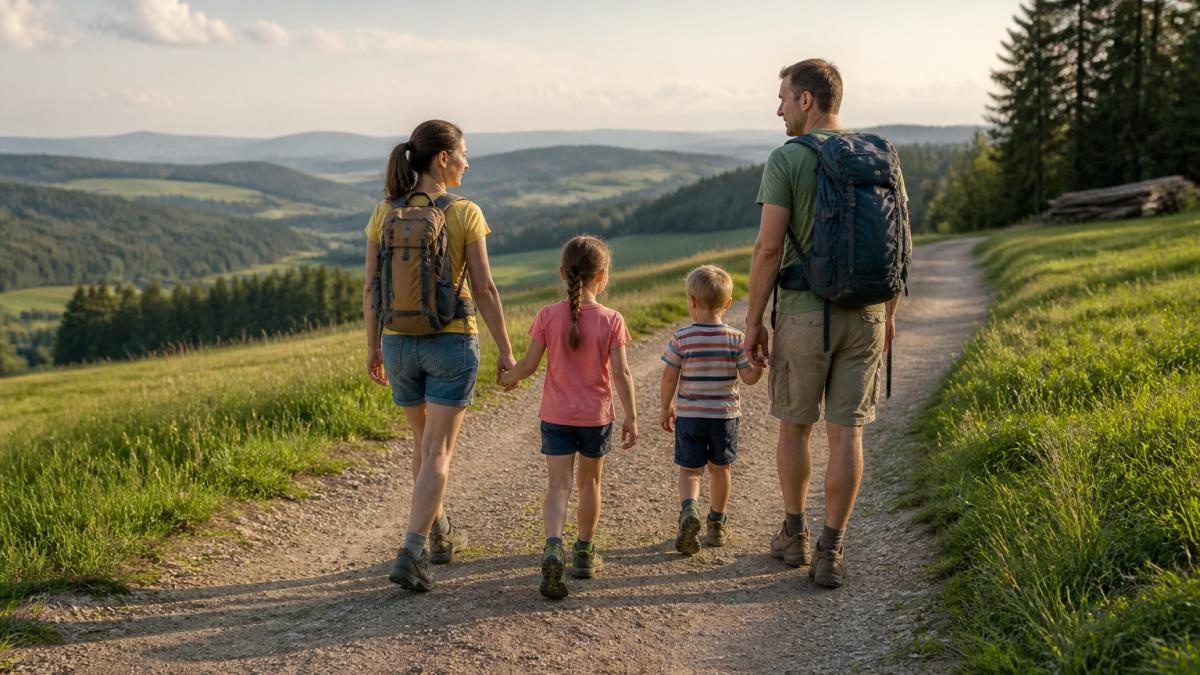 Rodina na širokej, dobre upravenej turistickej trase vo Waldvierteli, obklopená zelenými lúkami a lesom, s jasným panoramatickým výhľadom na kopce v diaľke