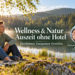 Wellness és természet – Anna és Herbert nyaralóapartmanjai Gutenbrunnban – Nyaralóapartmanok Gutenbrunnban Egy pár naplementekor egy nyugodt tó és egy fenyőerdő mellett egy pokrócon ül; a szalagcím így szól: 'Wellness & Natur Auszeit ohne Hotel', a jobb oldali kerek keret mellett pedig Anna és Herbert fotója látható.