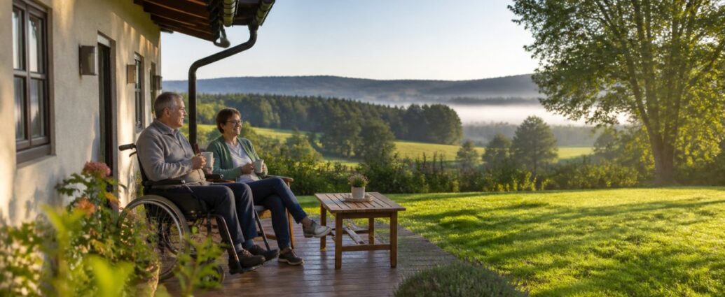 Jak najít dokonalý odpočinek v regionu Waldviertel – prázdninový dům 1792995650 – Prázdninové byty Gutenbrunn Starší pár sedící na dřevěné verandě s kávou, jeden z nich na invalidním vozíku, s výhledem na zamlžené zelené údolí a stromy při východu slunce/ve světle svítání.