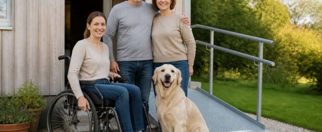 how-do-i-find-an-accessible-vacation-rental-with-my-dog-1792894803 - Gutenbrunn Vacation Rentals A smiling family of three with a golden retriever outside a wooden house; a woman in a wheelchair is sitting next to them.