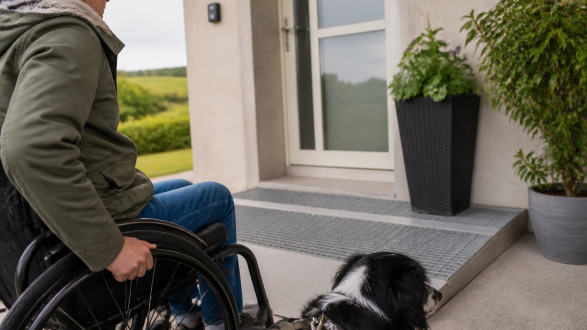 A person in a wheelchair with a dog stands in front of an accessible vacation rental, looking at the front door and the step-free entrance in a sunny setting