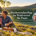 Weekend Getaway to the Waldviertel for Couples - Gutenbrunn Vacation Rentals A couple on vacation picnicking by a forest lake in the evening light; next to them, Anna and Herbert in a photo badge.