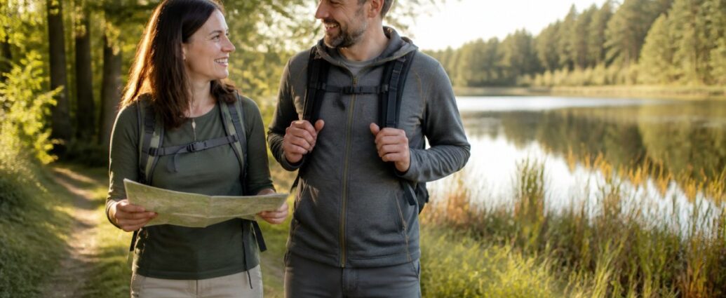 Two hikers with backpacks are standing on a forest trail by a lake, smiling at each other as they hold a map and plan their route.